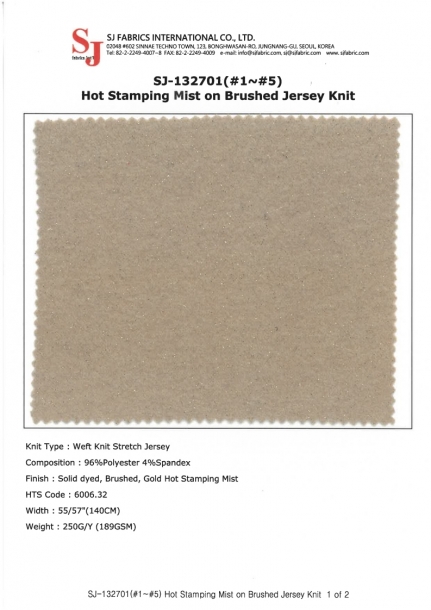 SJ-132701(#1~#5) Hot Stamping Mist on Brushed Jersey Knit